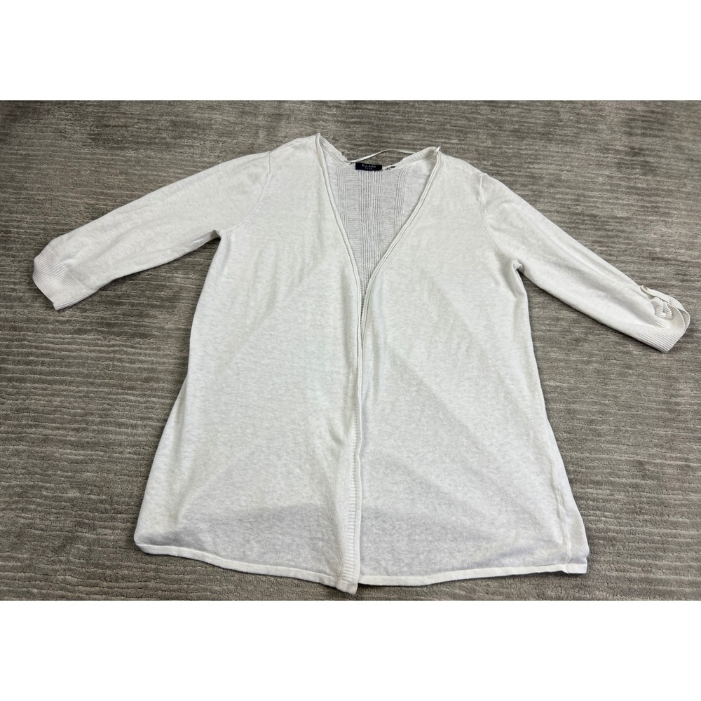 Kaari Blue Cardigan Womens L White Linen Blend Open Front 3/4 Tab Sleeve Sweater